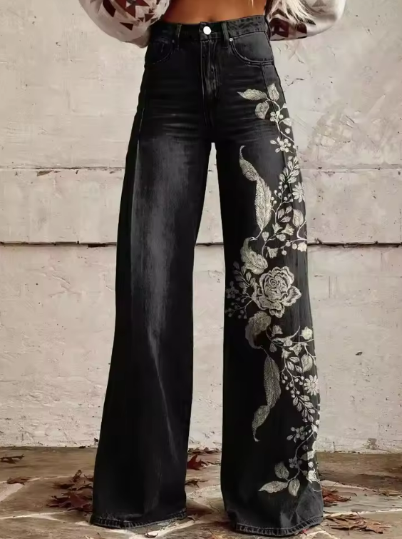 MARTINE | Pantalon noir élégant à fleurs vintage