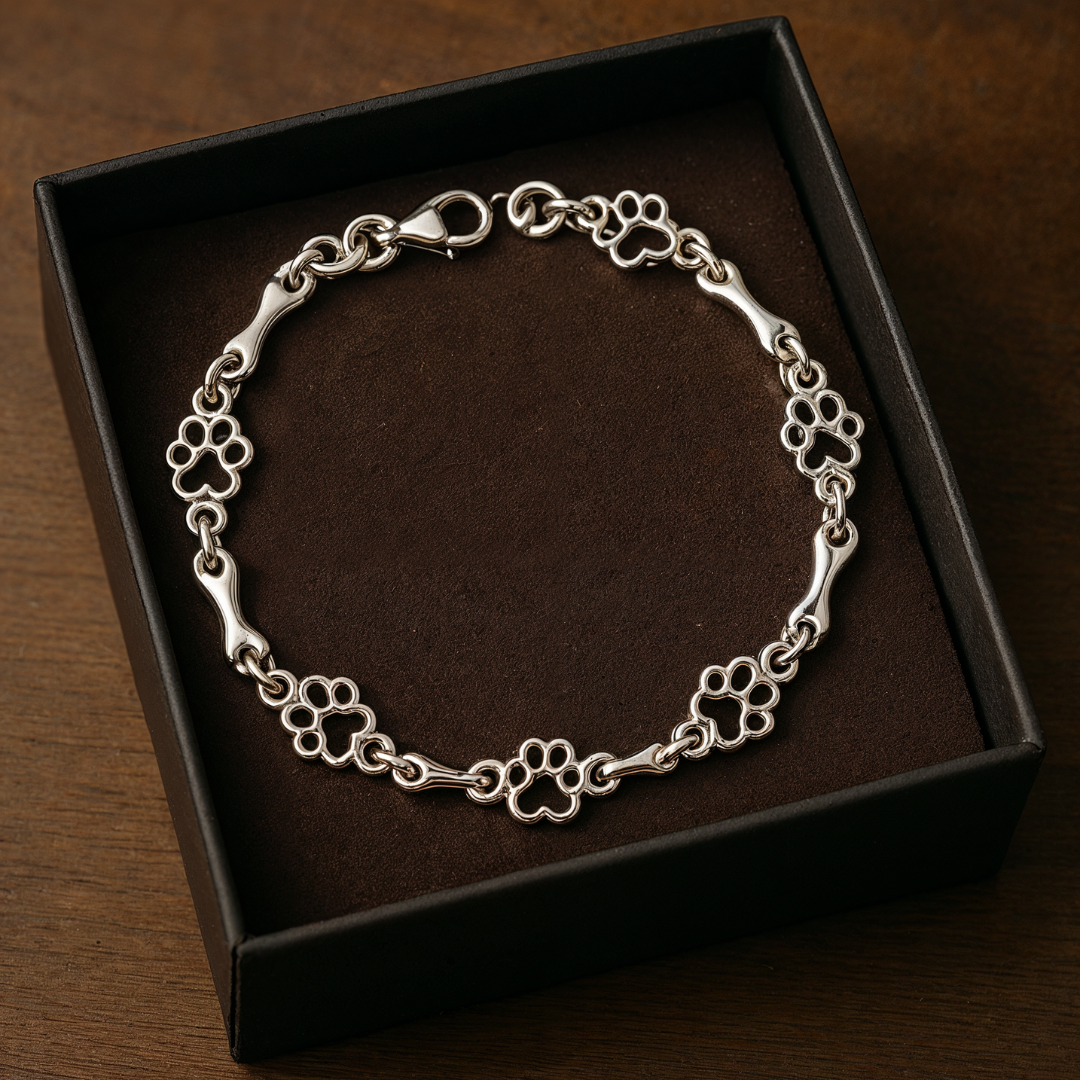 Aurembiaix™ | Paw Print and Bone Charm Bracelet in Silver