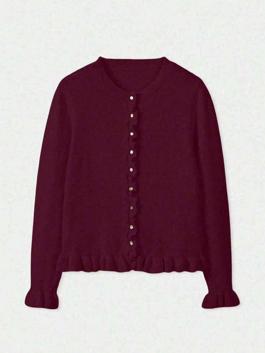 Elara | Cherry Red Ruffle Knit Cardigan