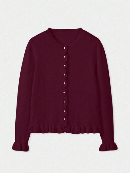 Elara | Cherry Red Ruffle Knit Cardigan