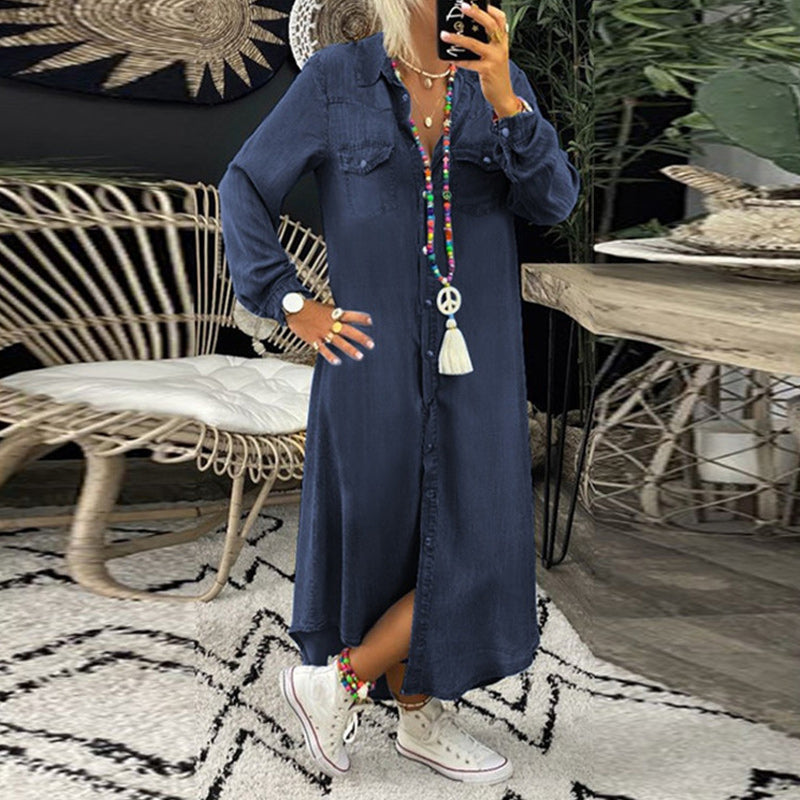 Leena™ - Robe longue en jean à manches longues