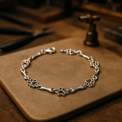 Aurembiaix™ | Paw Print and Bone Charm Bracelet in Silver