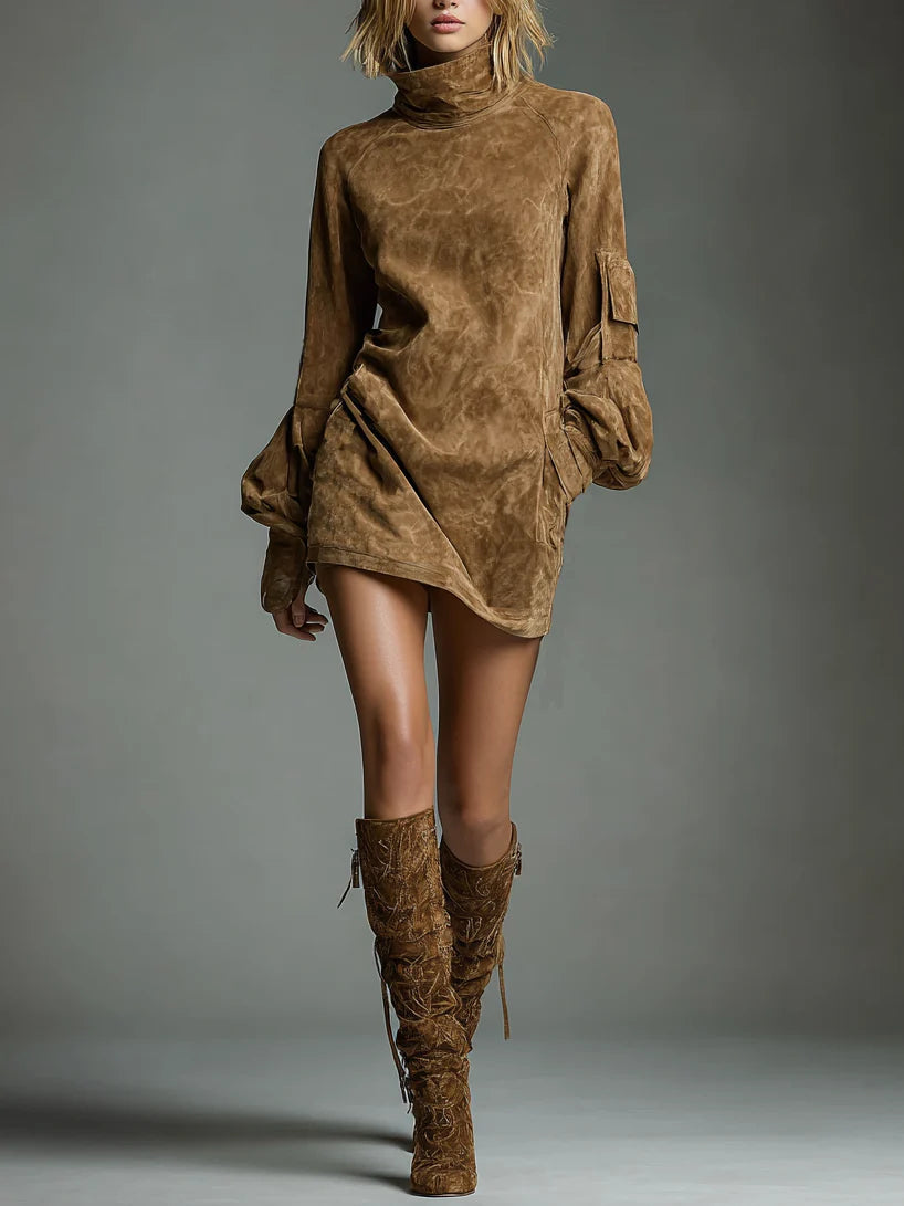 Beli | Loose Suede Mini Dress with High Neck