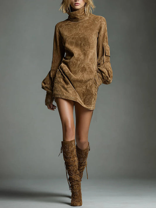 Beli | Loose Suede Mini Dress with High Neck