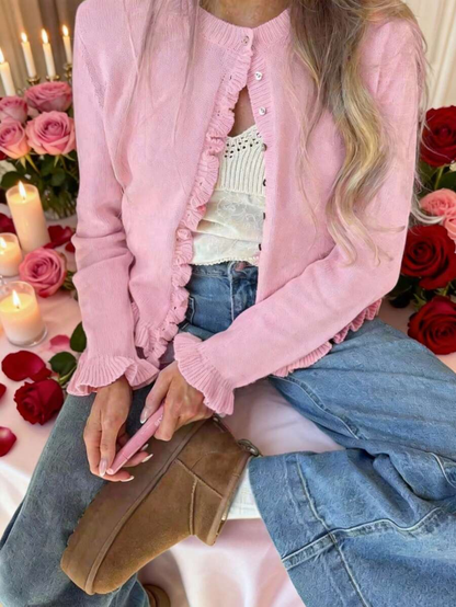 Elara | Cherry Red Ruffle Knit Cardigan