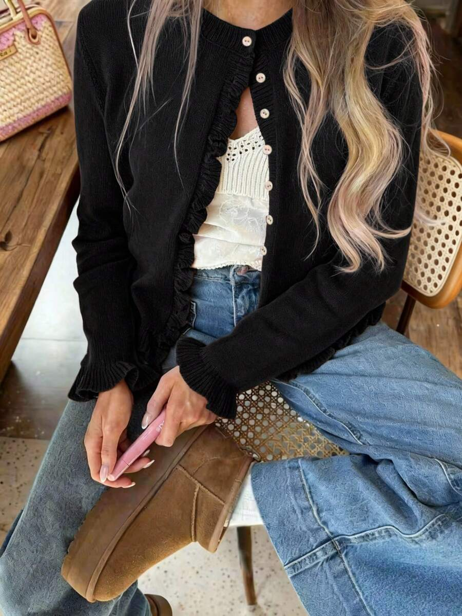 Elara | Cherry Red Ruffle Knit Cardigan