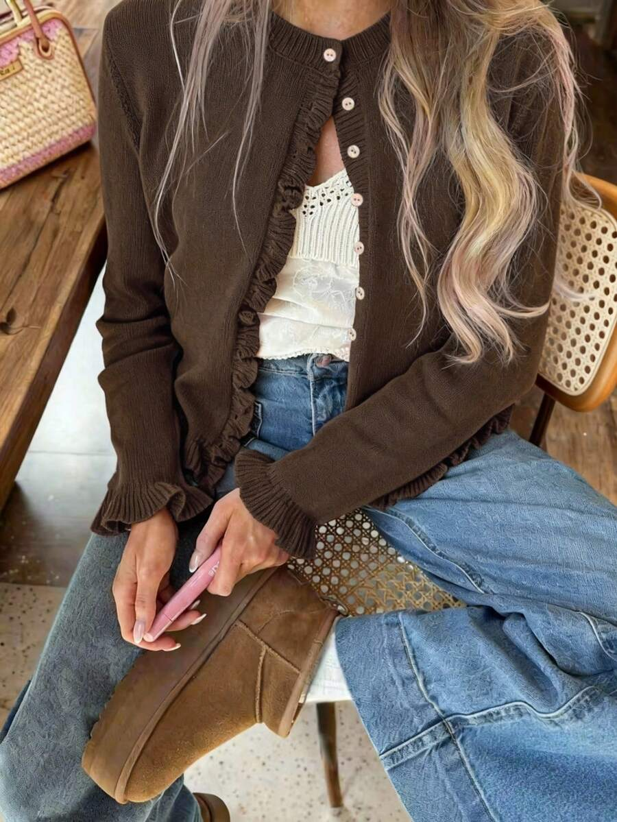 Elara | Cherry Red Ruffle Knit Cardigan