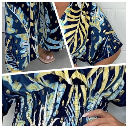 🥻Jersey d'été élégant, imprimé grandes feuilles, taille élastique