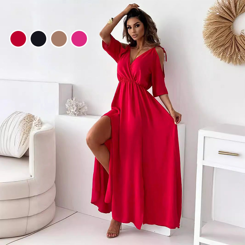 Robe élégante et sexy avec col en V et fente latérale pour femme