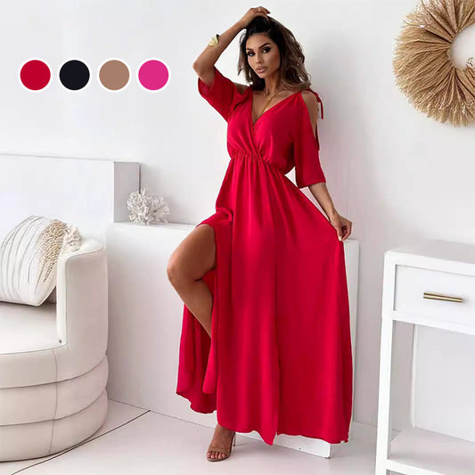 Robe élégante et sexy avec col en V et fente latérale pour femme