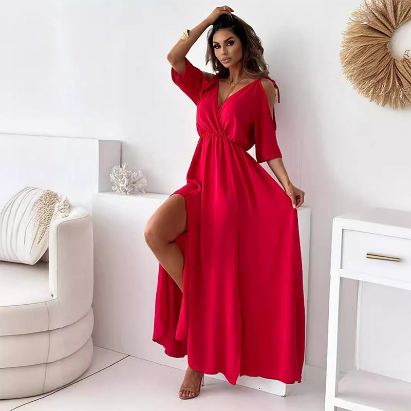 Robe élégante et sexy avec col en V et fente latérale pour femme