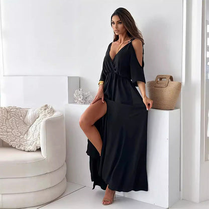Robe élégante et sexy avec col en V et fente latérale pour femme