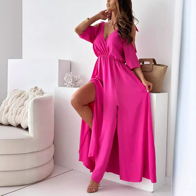 Robe élégante et sexy avec col en V et fente latérale pour femme