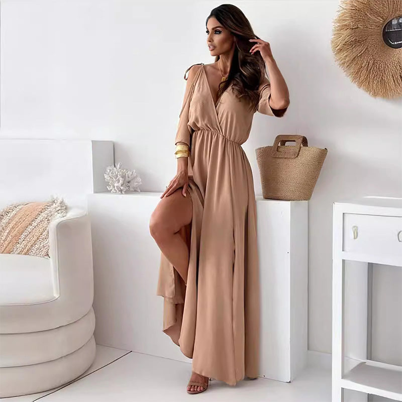 Robe élégante et sexy avec col en V et fente latérale pour femme