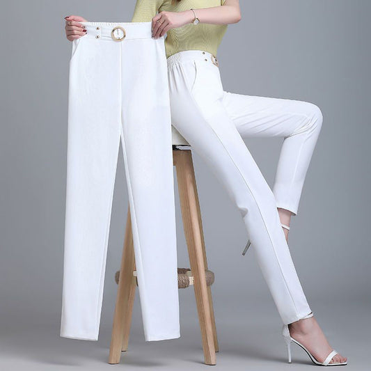 Pantalon femme longueur cheville avec taille haute et coupe confortable
