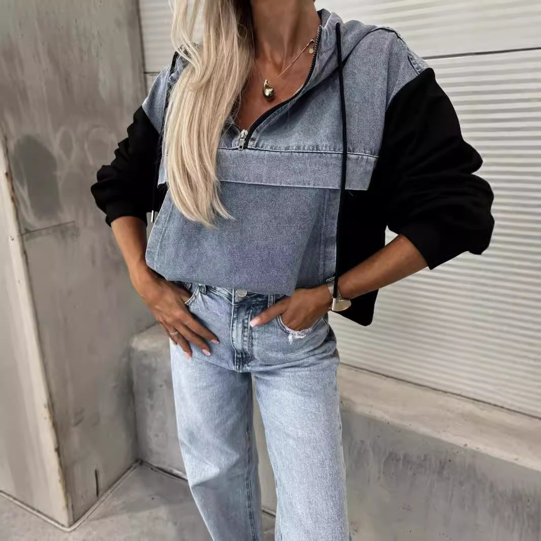 🔥Soldes 50% - Veste en jean femme avec capuche et cordon de serrage