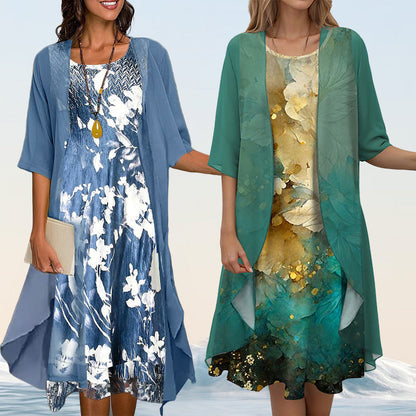 🌸Ensemble élégant 2 pièces : chemisier à manches mi-longues + robe 