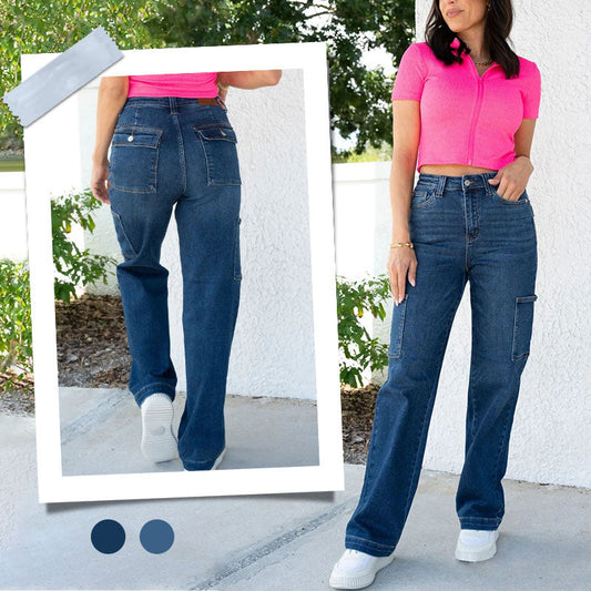 Jean cargo extensible taille haute à jambe large pour femme