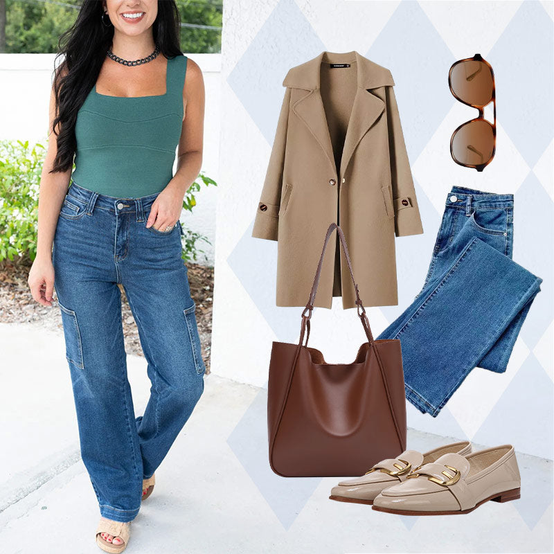 Jean cargo extensible taille haute à jambe large pour femme