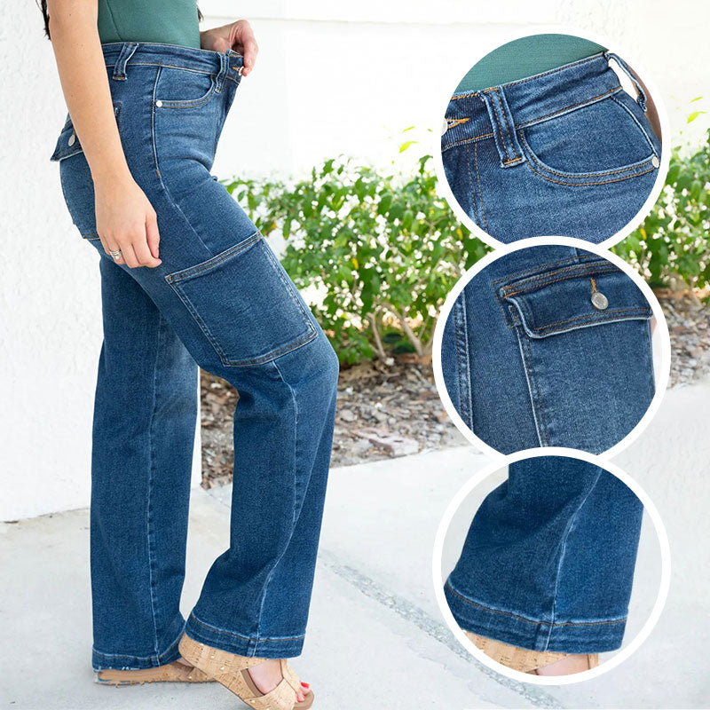 Jean cargo extensible taille haute à jambe large pour femme