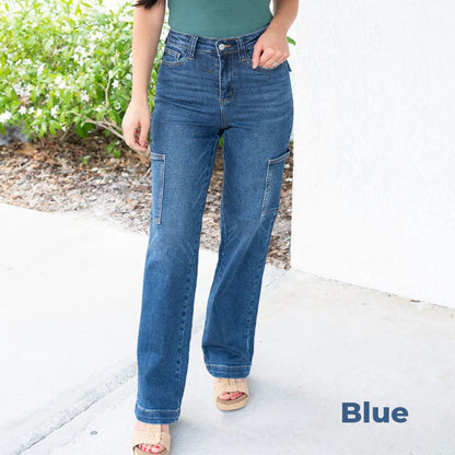 Jean cargo extensible taille haute à jambe large pour femme