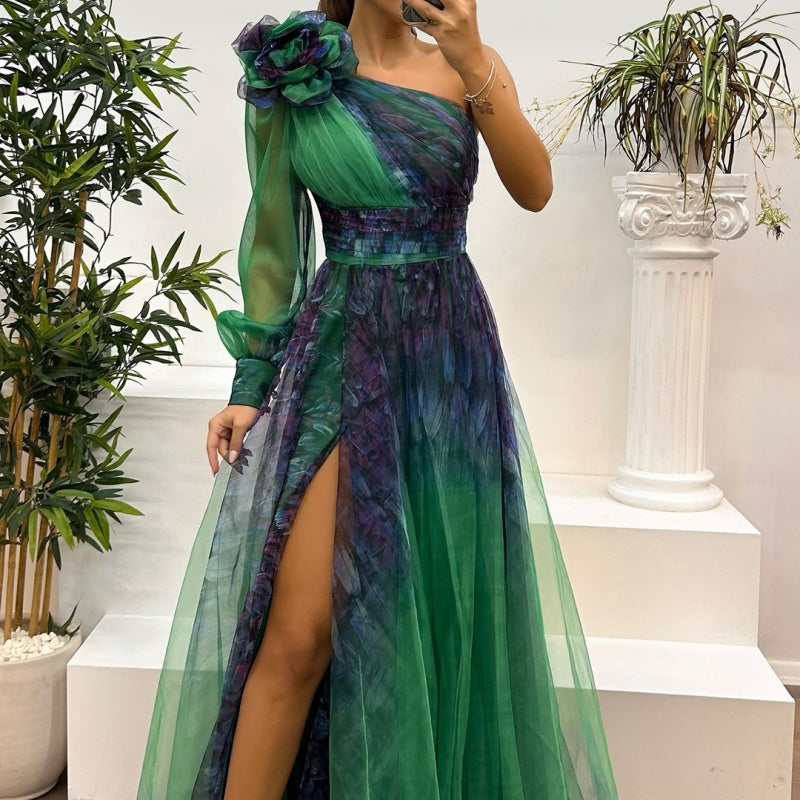 Robe à épaules dénudées en maille imprimée tendance pour femme