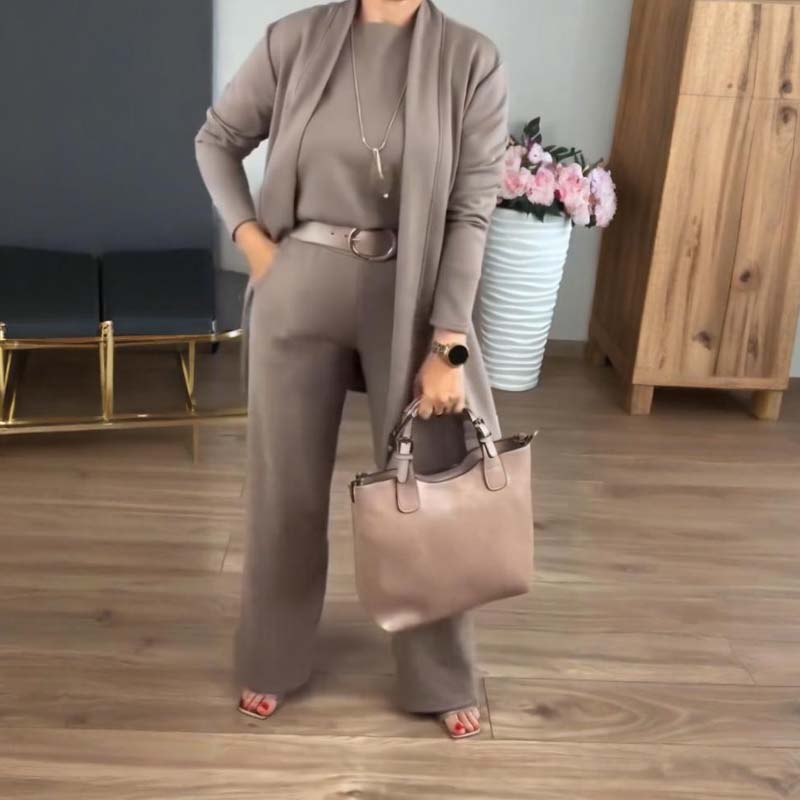 Ensemble élégant 3 pièces avec cardigan long, haut et pantalon 